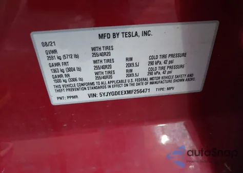 2021 Tesla Model Y Long Range Dual Motor All-Wheel Drive z USA, uszkodzony, nr VIN 5YJYGDEEXMF256471